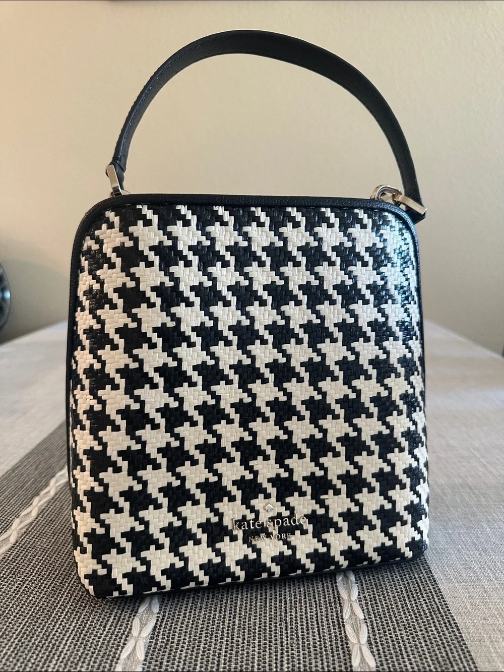 KATE SPADE Darcy Small Bucket Bag Black & White Houndstooth Top-Handle Satchel
